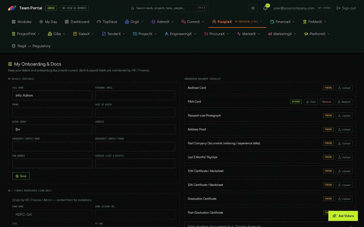 My Onboarding & Docs — full screen
