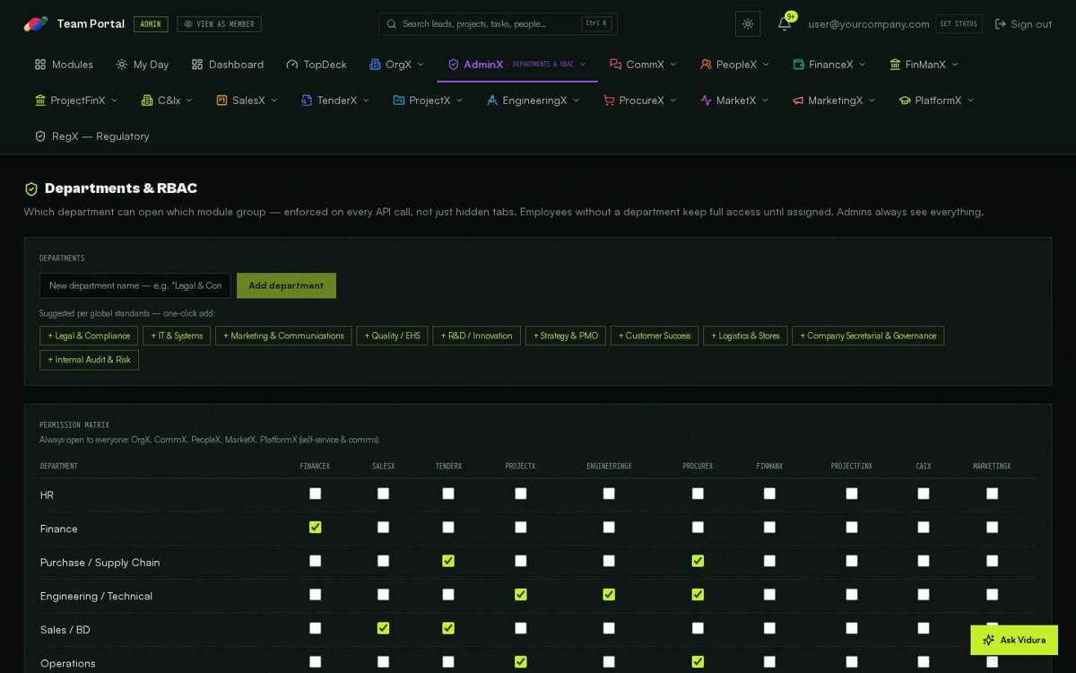 Departments & RBAC — full screen